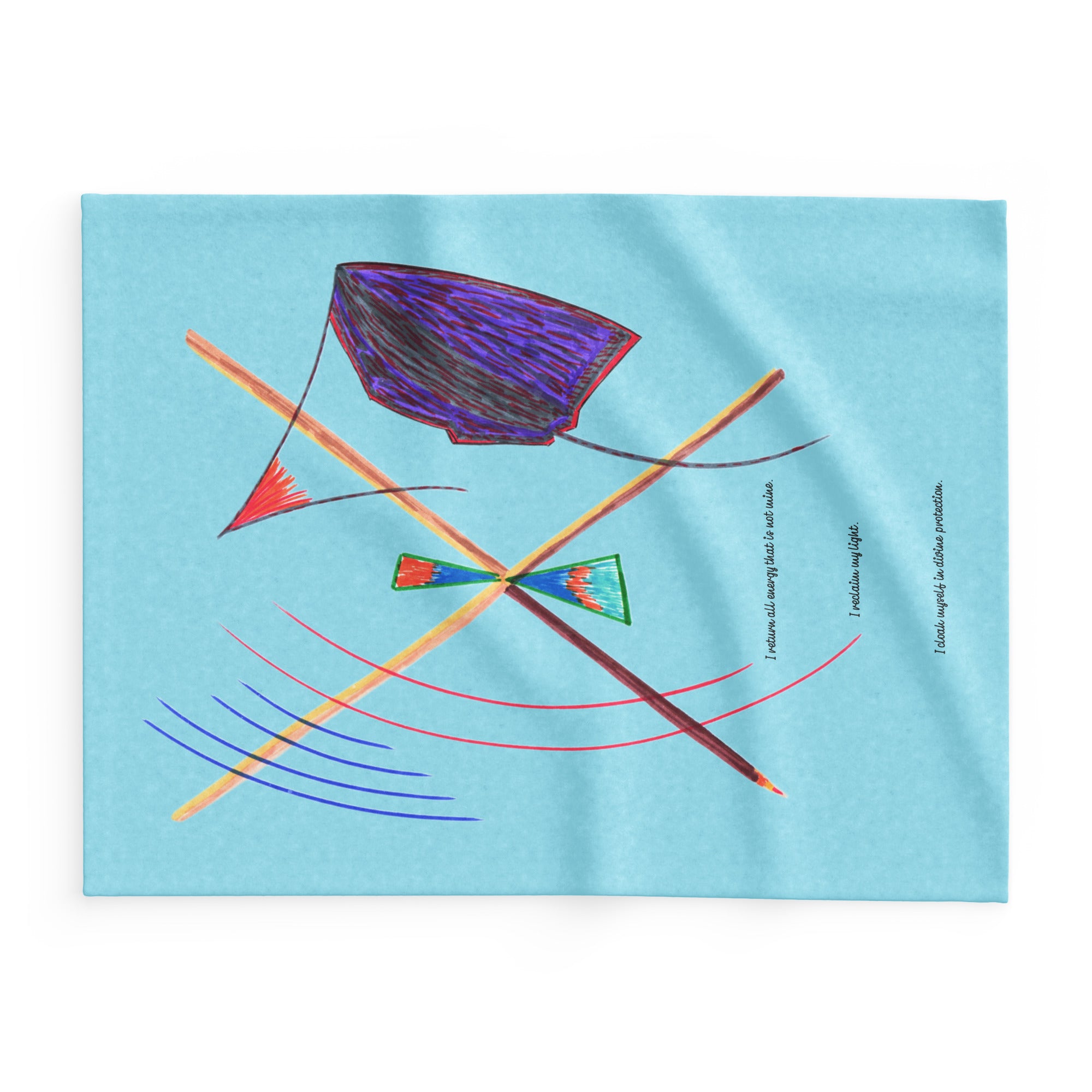 The Shield — FuncChanel original doodle art blanket featuring crossed protection staffs, purple shield, teal and orange energy hourglass, radiating red and blue arcs, and hand-lettered affirmation "I return all energy that is not mine" by Heiwa