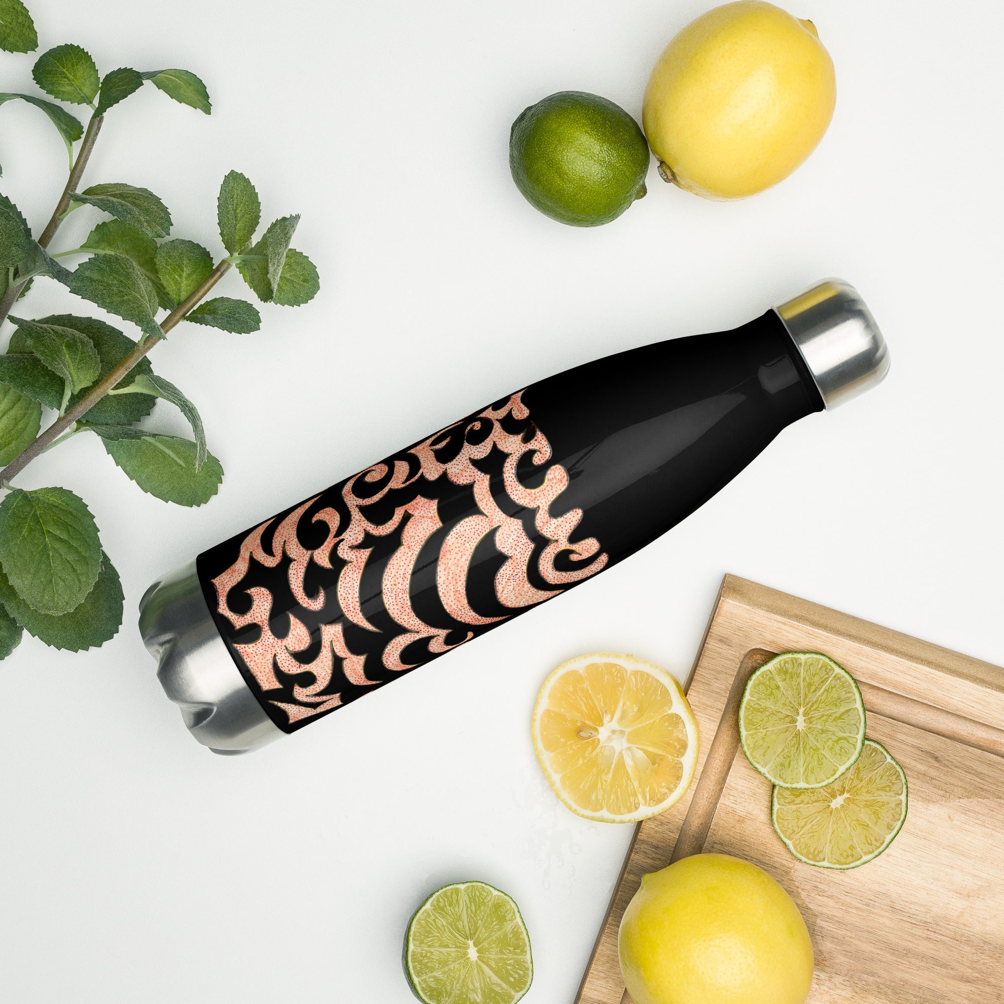 All-black stainless steel water bottle featuring Amber Rising original FuncChanel healing art by Heiwa — insulated wellness water bottle