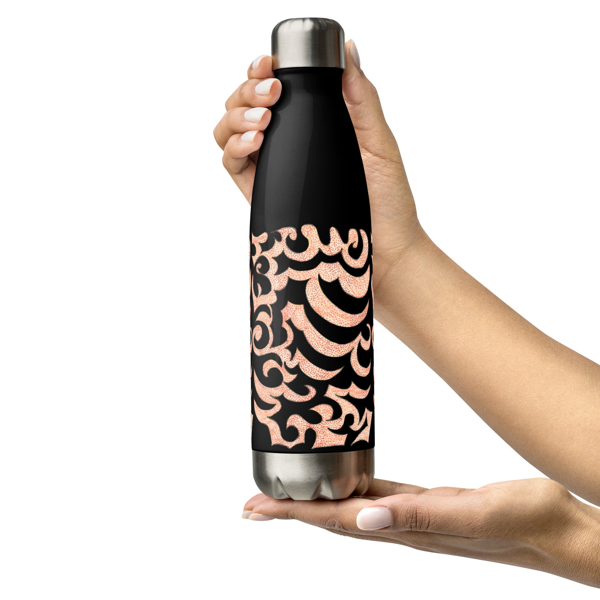 All-black stainless steel water bottle featuring Amber Rising original FuncChanel healing art by Heiwa — insulated wellness water bottle