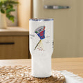 White stainless steel water bottle featuring original FuncChanel doodle art, frog in a tree, The Raveling, Queen Bee's Melody, 水 Mizu and 平和 Heiwa kanji, and original healing poetry by Heiwa
