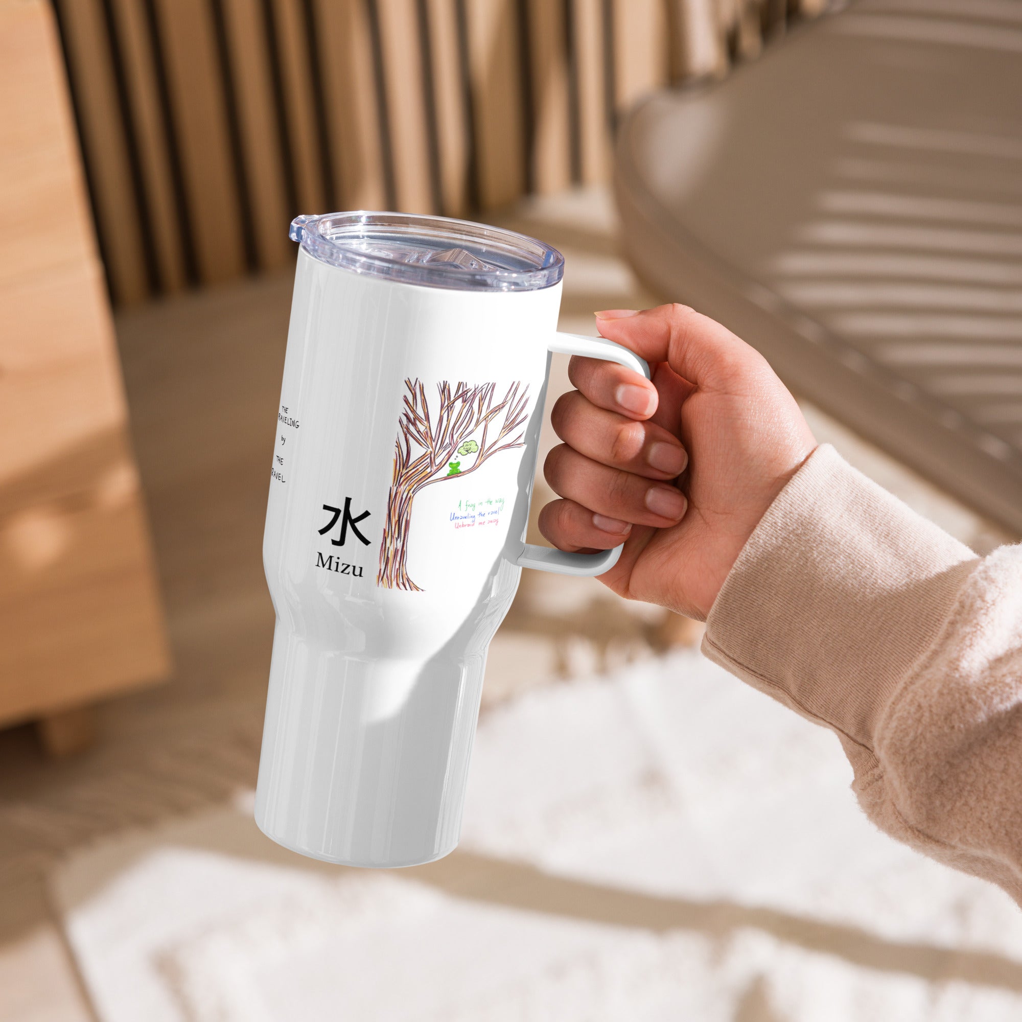 White stainless steel water bottle featuring original FuncChanel doodle art, frog in a tree, The Raveling, Queen Bee's Melody, 水 Mizu and 平和 Heiwa kanji, and original healing poetry by Heiwa
