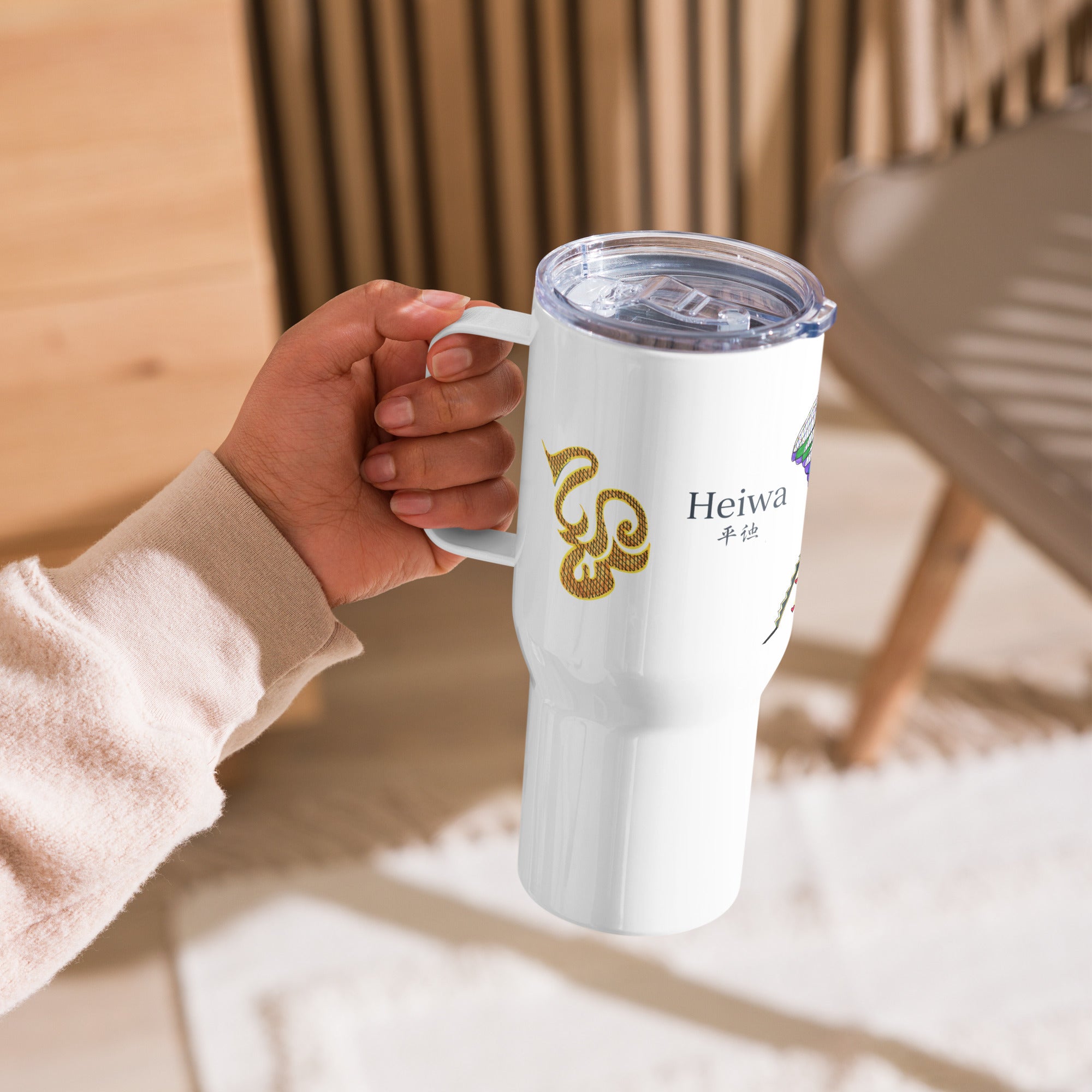 White stainless steel water bottle featuring original FuncChanel doodle art, frog in a tree, The Raveling, Queen Bee's Melody, 水 Mizu and 平和 Heiwa kanji, and original healing poetry by Heiwa