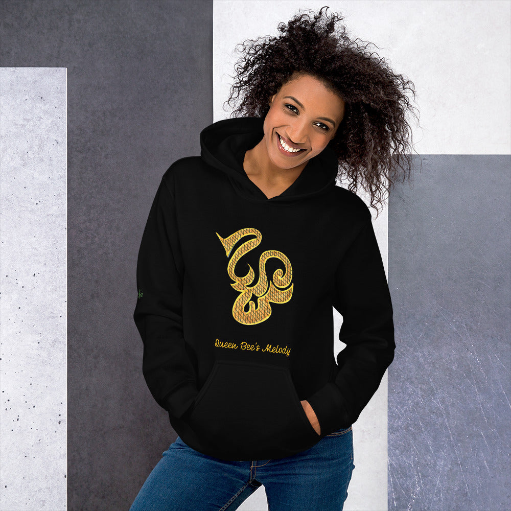 Black hoodie featuring Queen Bee's Melody original FuncChanel healing art printed front center with artwork title, 平和 peace kanji on the right sleeve — wearable art by Heiwa